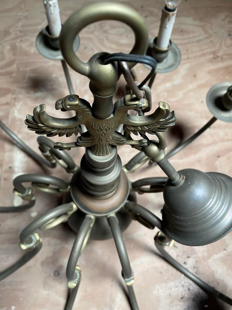 Antieke 10-armige koperen kroonluchter, Ophalen, Gebruikt, Metaal