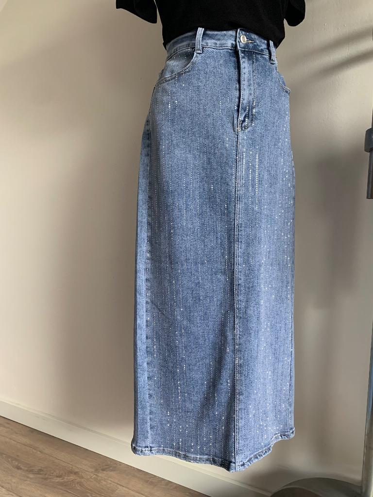 Laulia jeans spijker rok met strass streep blauw 40= M/L, Maat 38/40 (M), Zo goed als nieuw, Onder de knie, Laulia