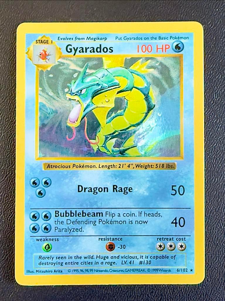 Gyarados Shadowless Base Set Pokémon Kaart - Near Mint, Ophalen of Verzenden, Zo goed als nieuw, Losse kaart, Foil