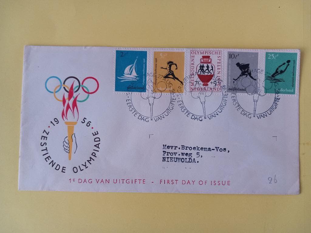 1956 Olympische spelen Melbourne FDC E26 met open klep e2, Verzenden, Beschreven, Nederland