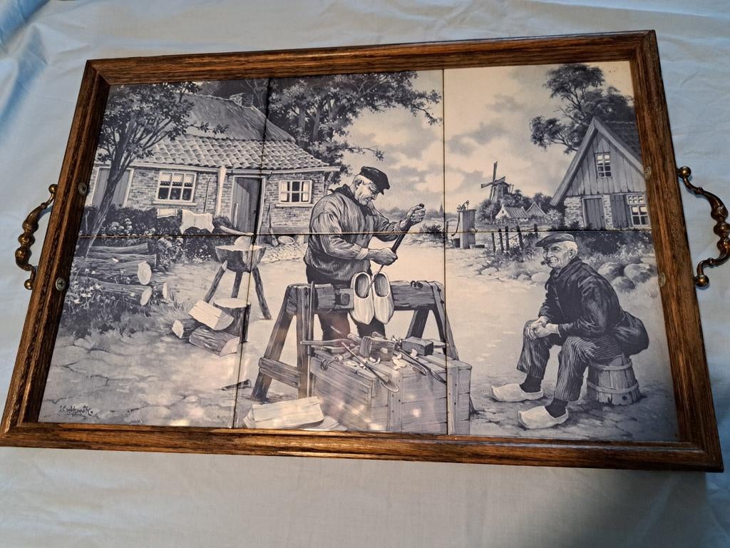 Mooi vintage dienblad van zes blauwe tegels, Ophalen, Rechthoekig, Hout