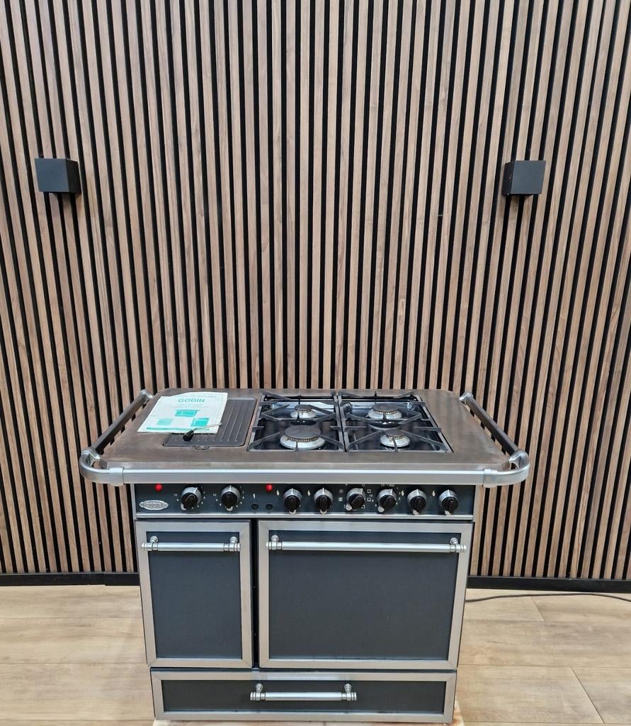 Mooie Antraciet chroom Godin Fornuis (Gratis bezorgen), Warmhoudplaat, 60 cm of meer, Gas, Vrijstaand