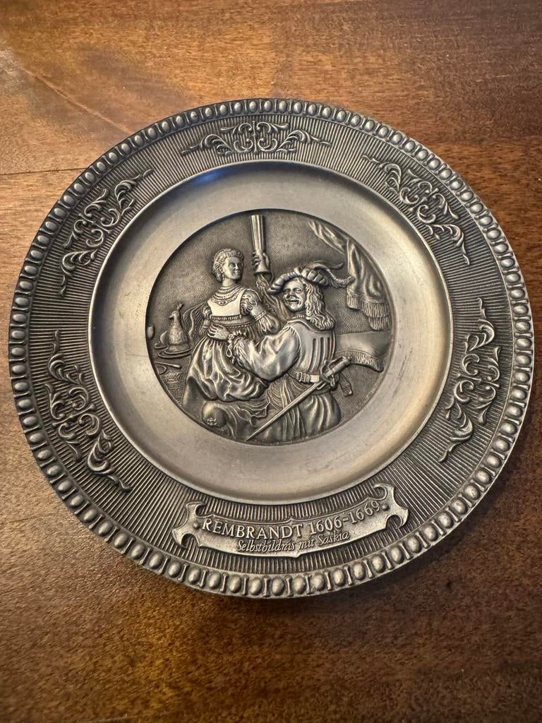 Rembrandt Zelfportret met Saskia Tinnen Bord, Antiek en Kunst, Ophalen of Verzenden