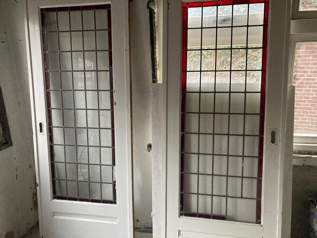 Kamer ensuite schuif deuren jaren 30 glas in lood, Ophalen, Binnendeur, 200 tot 215 cm, Glas