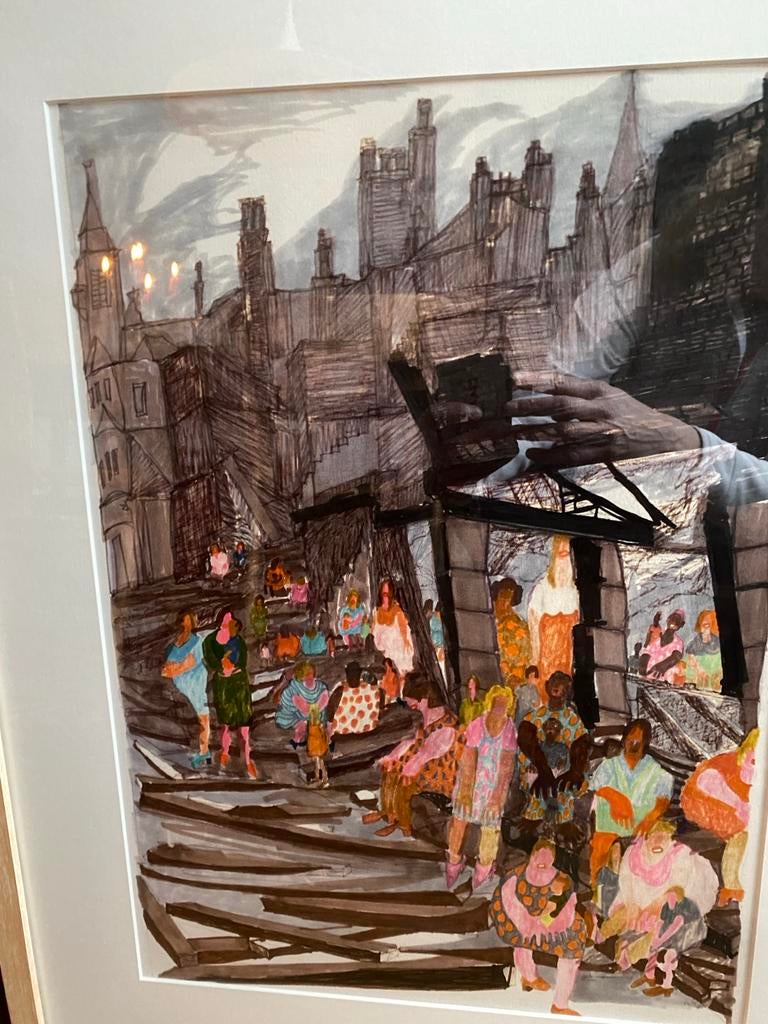 Schilderij van een stad met mensen, Mayke Sassen, Antiek en Kunst, Ophalen of Verzenden