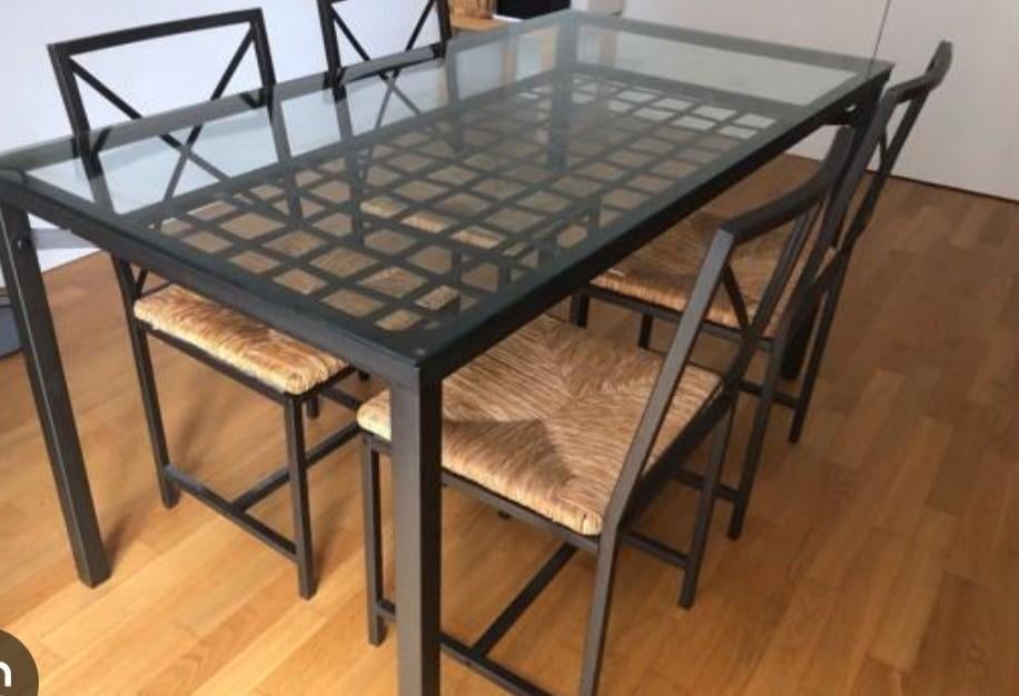 Eettafel met glazen blad en 4 stoelen, Ophalen of Verzenden