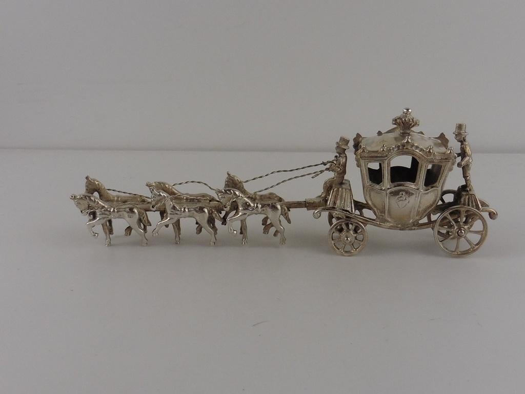 Zilveren miniatuur Gouden Koets met 6 paarden            Z67, Antiek en Kunst, Ophalen of Verzenden, Zilver
