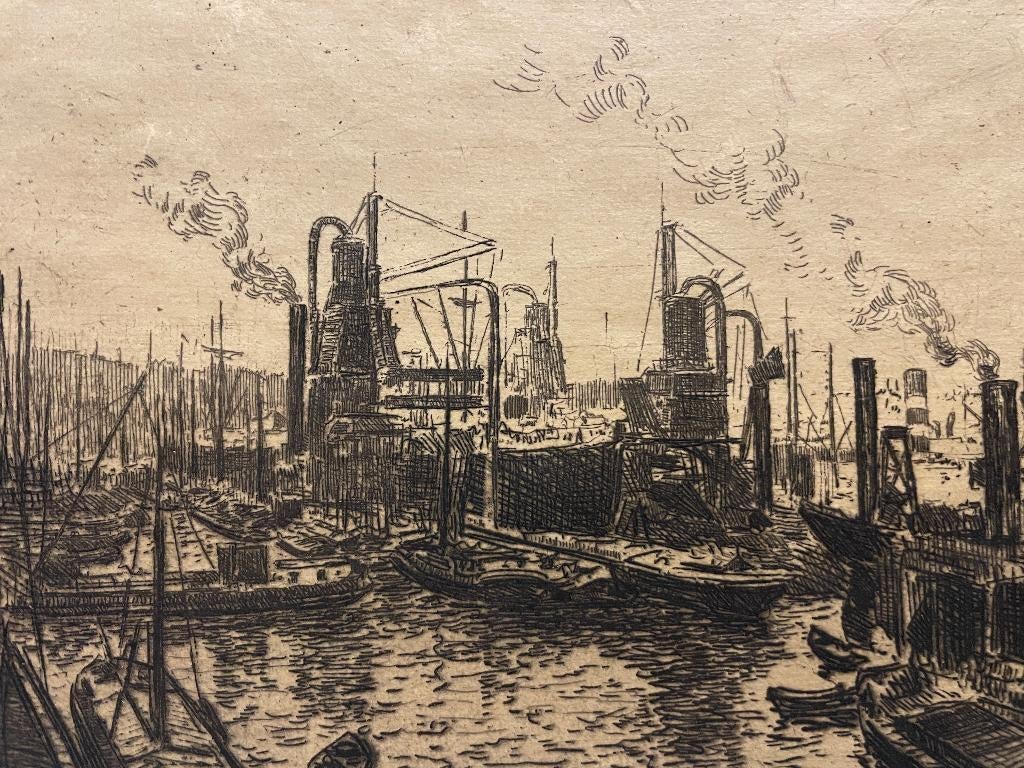 Martin van Waning - ets - Haven te Rotterdam, Ets, Stadsgezicht, Ophalen of Verzenden, Gesigneerd