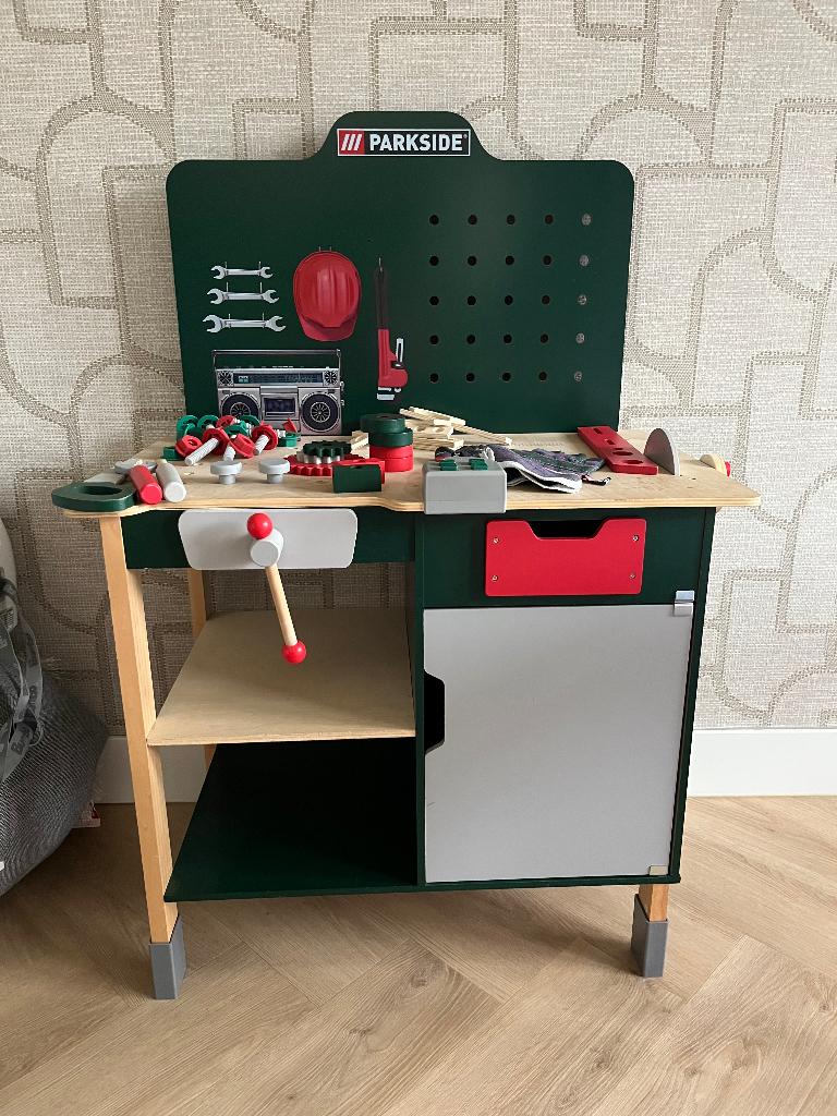 Parkside Lidl houten speelgoed werkbank incl. accessoires, Ophalen, Zo goed als nieuw, Hout, Speelkeuken