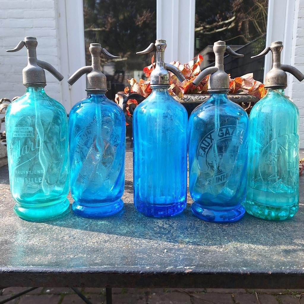 Set van 5 antieke soda/spuitwaterflessen - Blauw glas, Antiek en Kunst, Ophalen of Verzenden
