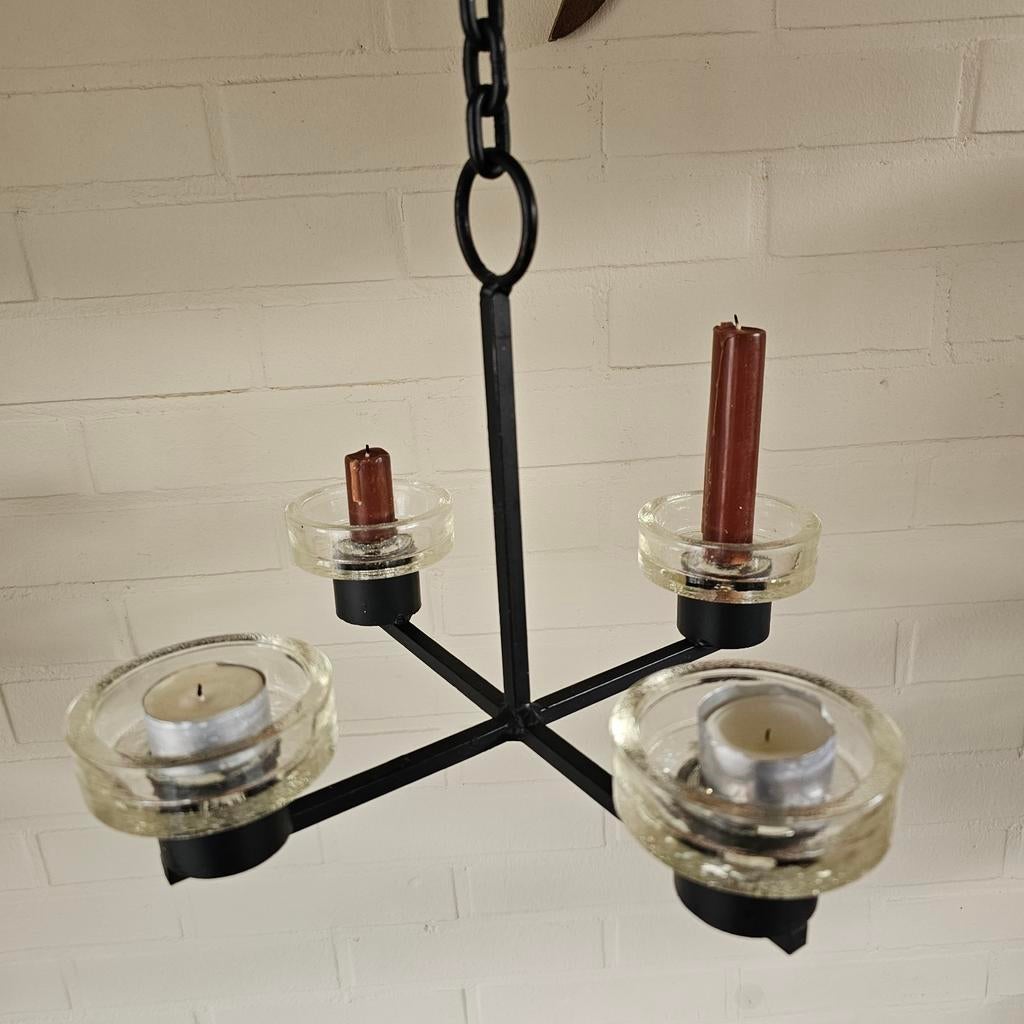 Vintage Zweedse gietijzeren Hangkandelaar Kandelaar met glas, Zwart, Ophalen of Verzenden, Zo goed als nieuw, X
