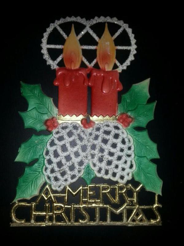 Groot zeer oud poezieplaatje kaarsen & dennenappels relief, Ophalen of Verzenden