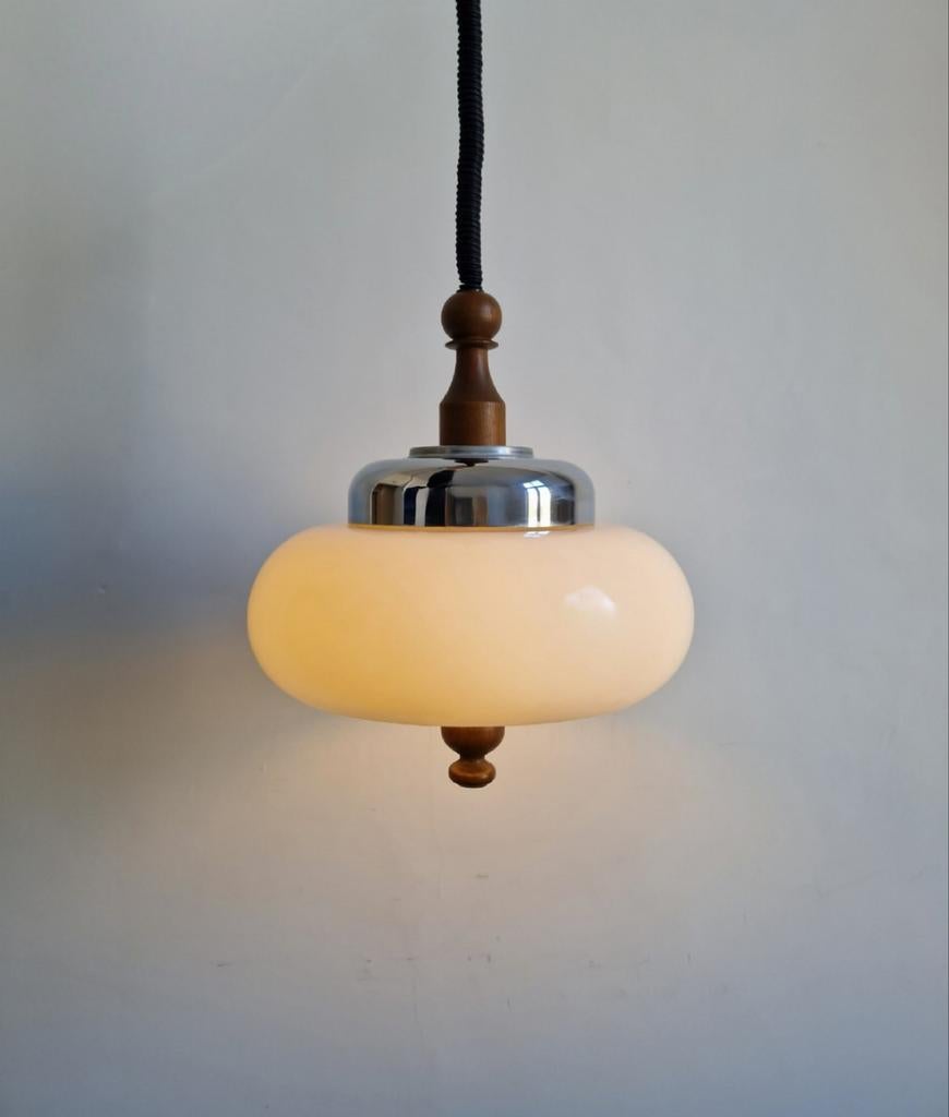 Vintage mushroom hanglamp chroom teak space age design, Huis en Inrichting, Lampen | Hanglampen, Minder dan 50 cm, Hout, Ophalen of Verzenden