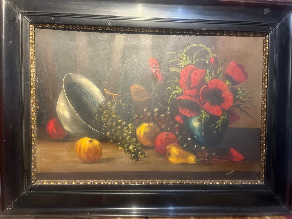 Oud Schilderij: Stilleven met Fruit en Papavers, Ophalen of Verzenden