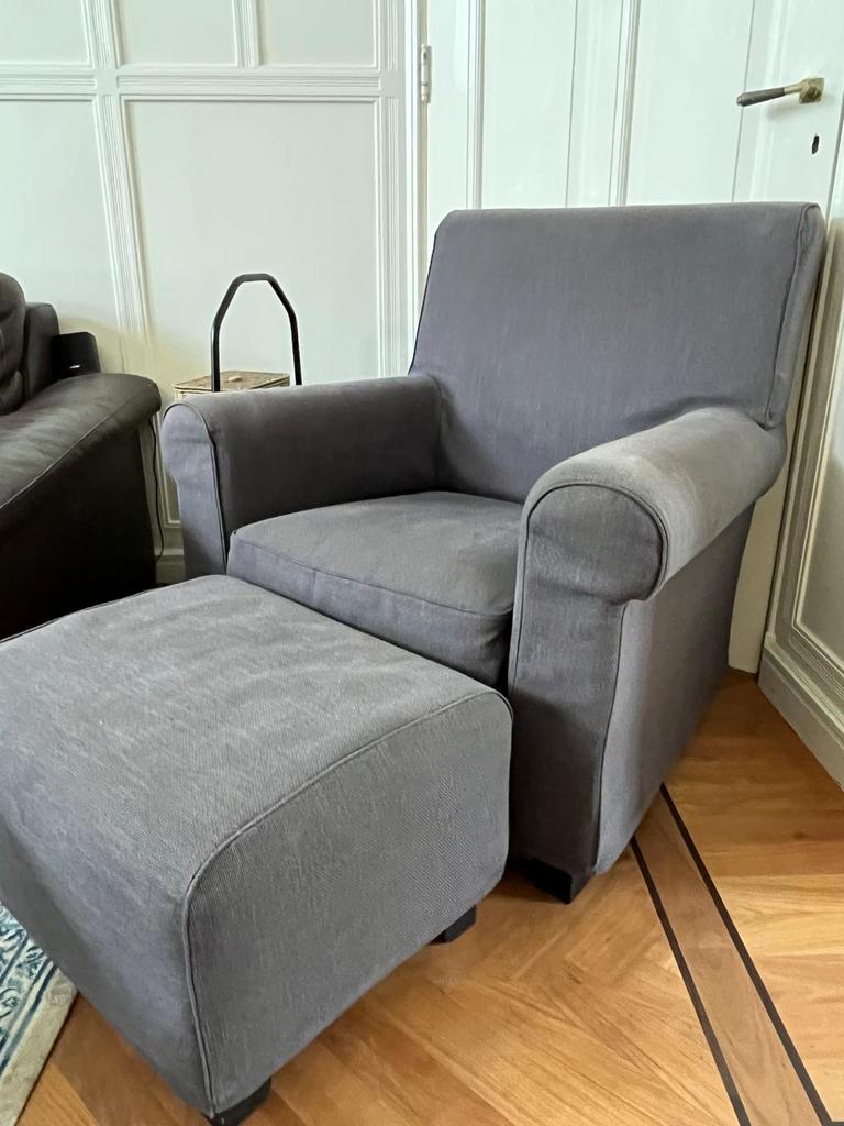 IKEA EKTORP Fauteuil met voetenbank - Donkergrijs, Ophalen, Gebruikt, Stof, 75 tot 100 cm