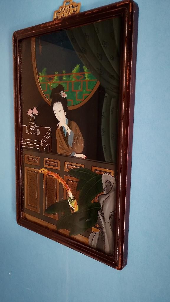 Antieke Chinese handgeschilderde schilderij in lijst, Ophalen