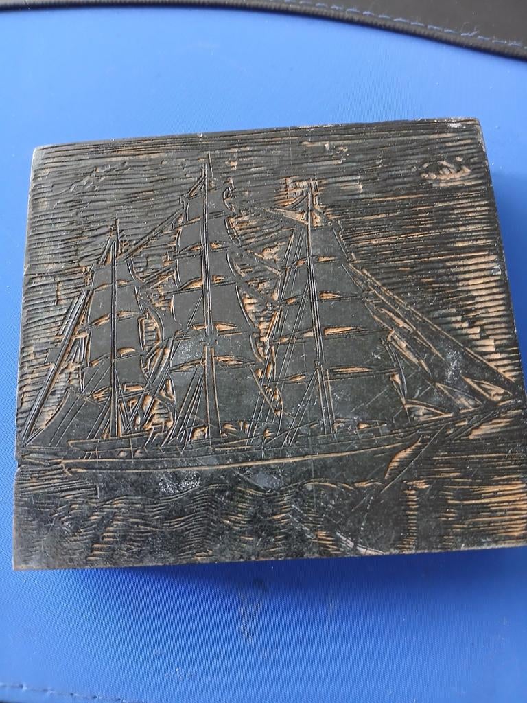 Houten drukblok met zeilschip afbeelding, Ophalen of Verzenden