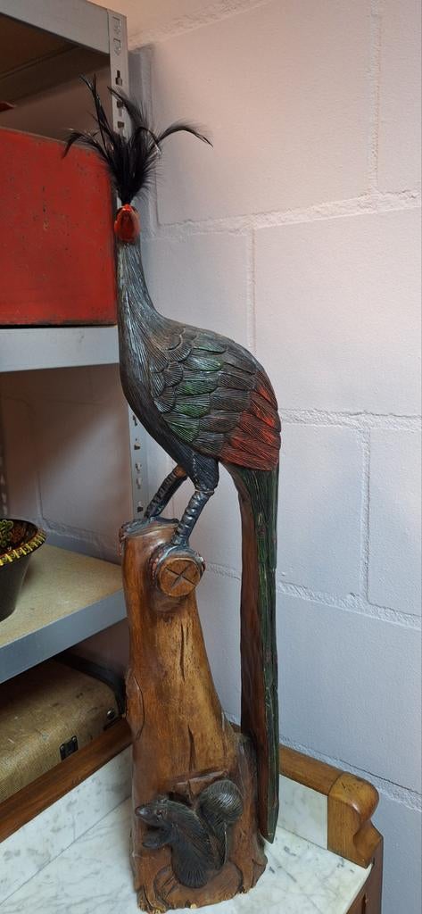 Unieke handgesneden houten vogel sculptuur, 80 cm hoog, Ophalen, 50 - 100 cm, Handgemaakt, Beeld