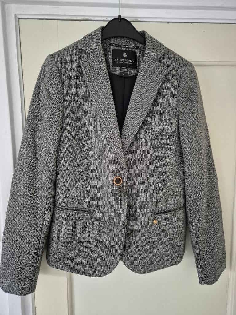 Grijs tweed jasje met visgraat en elbowpads maat 36 van Mais, Kleding | Dames, Zo goed als nieuw, Maat 36 (S), Grijs, Maison Scotch