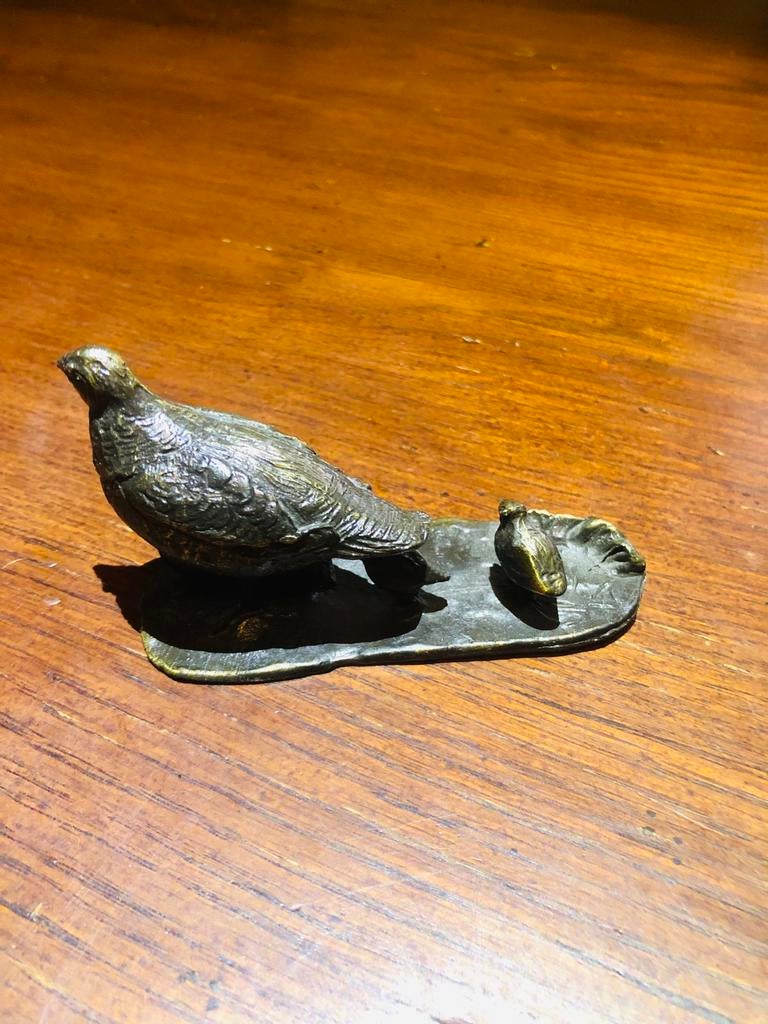 Bronzen beeldje fazant met kuikens, Ophalen of Verzenden, Gebruikt, Dier