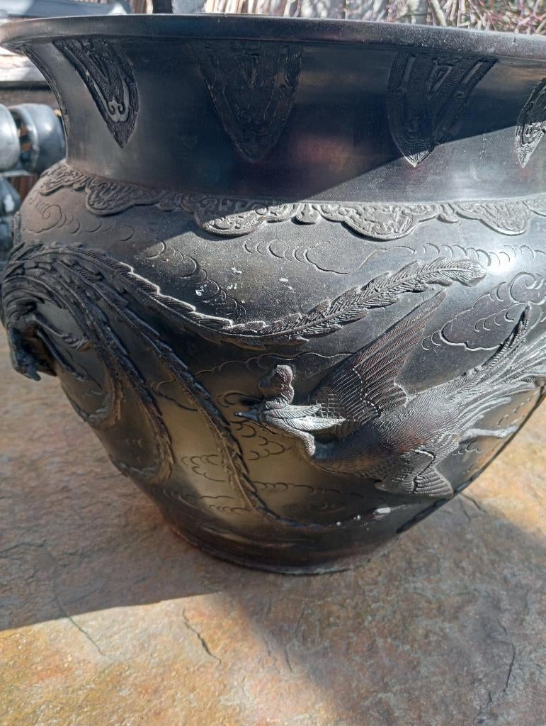 Zeer Grote Japanse bronzen pot Vuurvogels en merk, Ophalen