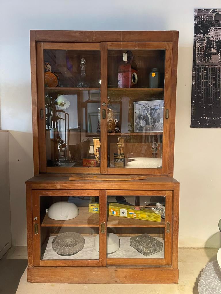 Teakhouten kast met glazen schuifdeuren wandkast wandmeubel, Ophalen