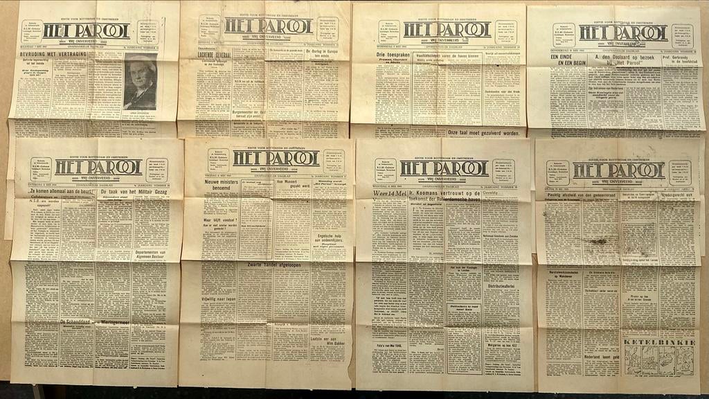 8x Het Parool - Rotterdam editie - mei 1945 - Bevrijding, Ophalen of Verzenden, 1940 tot 1960, Nederland, Krant
