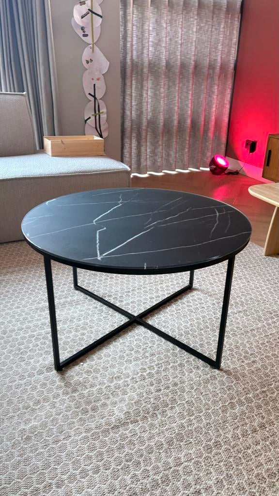 Ronde salontafel met marmerlook blad antiqua westwing, Huis en Inrichting, Tafels | Salontafels, Gebruikt, Rond, Glas, Minder dan 50 cm