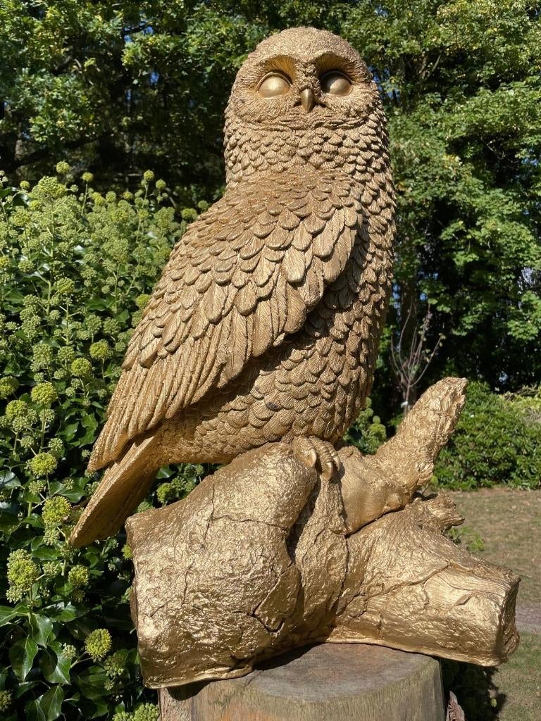 (Tuin)Beeld uil, goud, tuin, gazon, bos, 80cm, Tuin en Terras, Tuinbeelden, Ophalen, Nieuw, Kunststof, Dierenbeeld