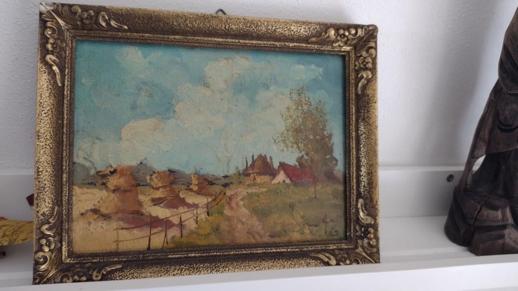 Klein schilderij met landschap en boerderijen, Ophalen of Verzenden