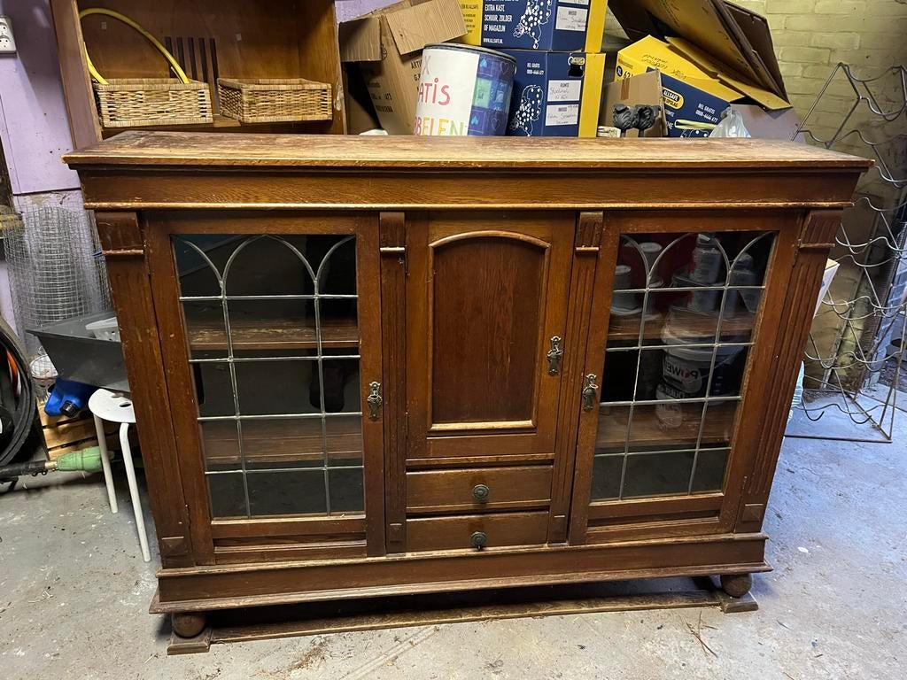 Antieke kast met glas in lood, Ophalen of Verzenden