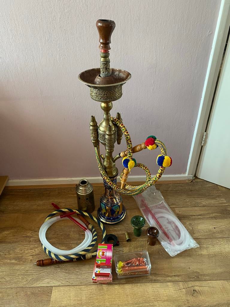 Egyptische bronzen shisha waterpijp met accessoires, Ophalen of Verzenden, Gebruikt