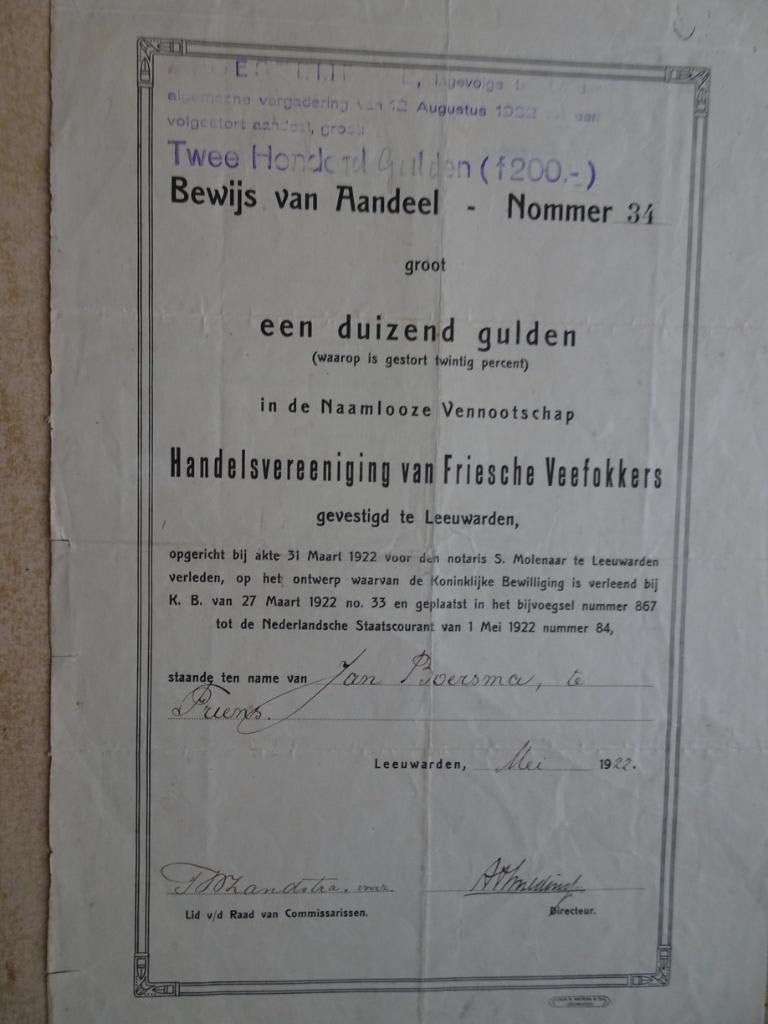 Aandeel i/de Handelsvereeniging van Friesche Veefokkers 1922, Ophalen of Verzenden, Aandeel