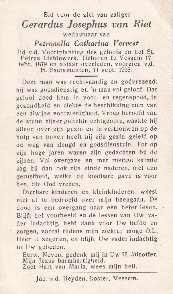 Riet Gerardus 1879 Vessem 1958, Ophalen of Verzenden, Bidprentje