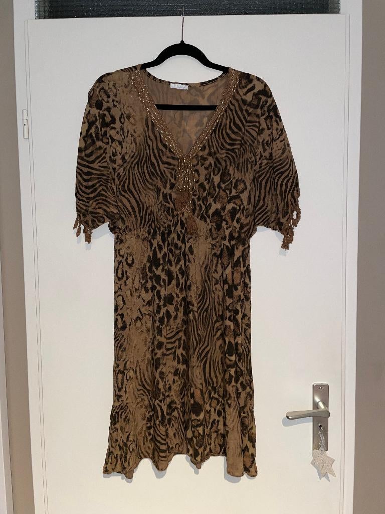 bruine tijger panter print strand jurk beach dress mt M, Maat 38/40 (M), Ophalen of Verzenden, Zo goed als nieuw, Knielengte