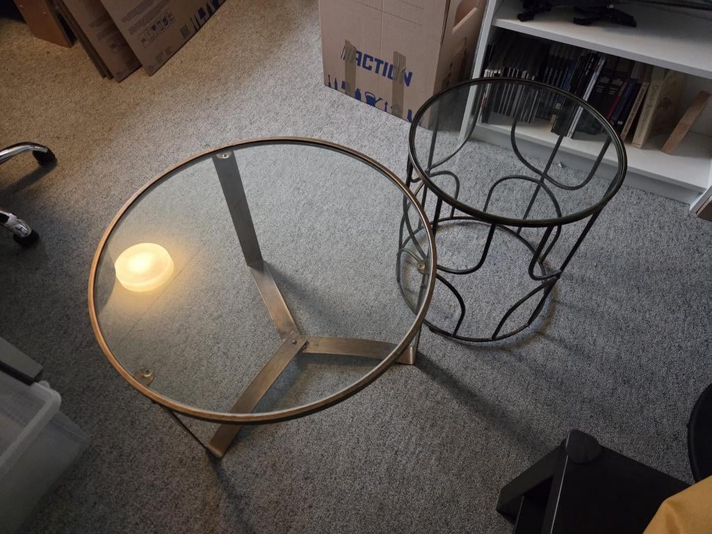 Goud Brons Glas Salontafel Bijzettafel Set, Ophalen, Zo goed als nieuw, Rond, Vintage