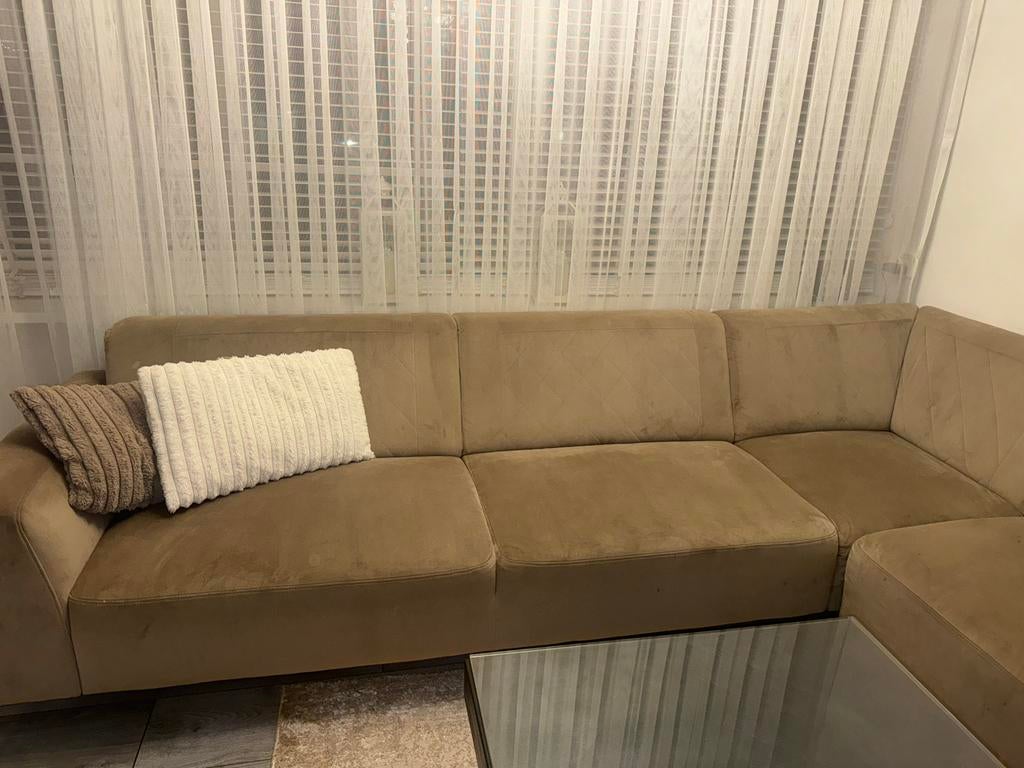 Beige / licht bruine hoekbank 3.10x3.10m, Ophalen, Gebruikt, Stof