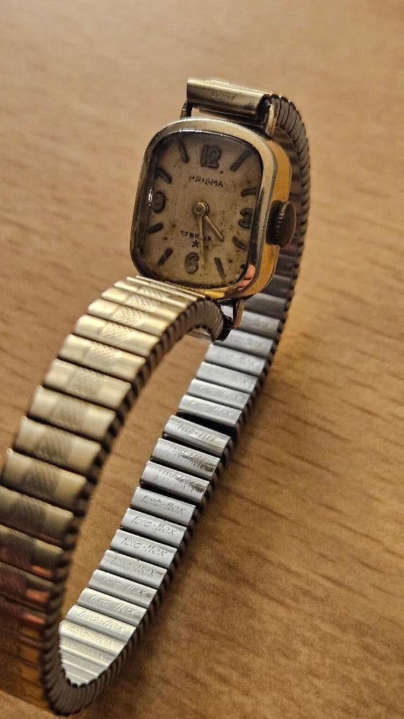 Antiek goudkleurig dameshorloge prisma 17 rubis met rekband, Ophalen of Verzenden, Overige materialen, Overige typen