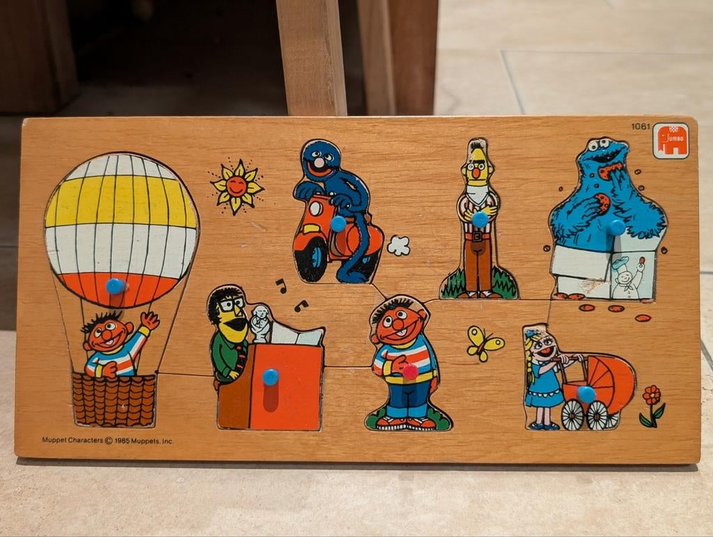 Originele vintage Sesamstraat Houten Puzzel 1985, 2 tot 4 jaar, Gebruikt, Ophalen of Verzenden, Van hout