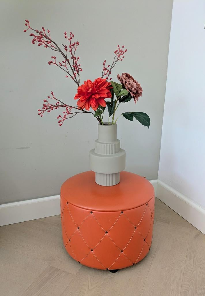 Mooie retro vintage poef met opbergruimte in perfecte staat, Ophalen, Minder dan 50 cm, ., Rond