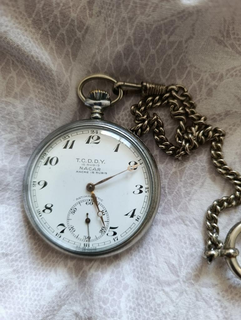 Antiek Nacar TCDD zakhorloge met ketting, Ophalen of Verzenden