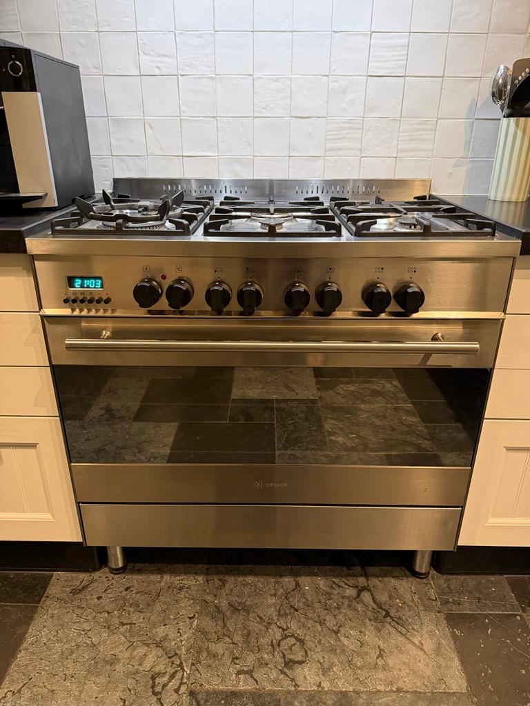 6-pits RVS Fornuis 90 cm, Ophalen, Gebruikt, Hete lucht, 60 cm of meer