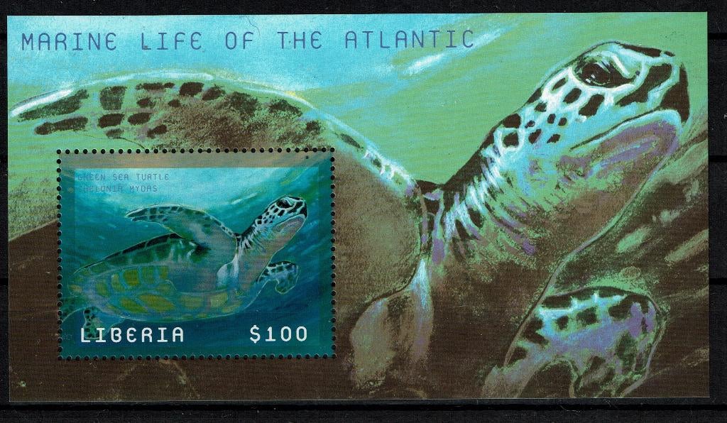 LIBERIA 2001 PF BLOK SCHILDPADDEN REPTIELEN TURTLES ZEELEVEN, Ophalen of Verzenden, Postfris, Dier of Natuur