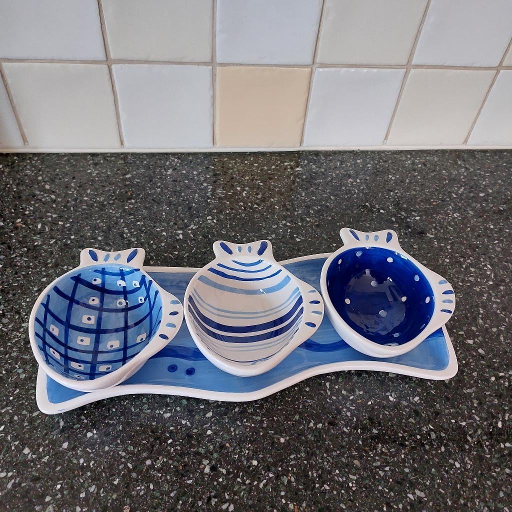Crate & Barrel Blue Fish 4-delige condimentenset, Huis en Inrichting, Keramiek, Overige typen, Nieuw, Ophalen of Verzenden