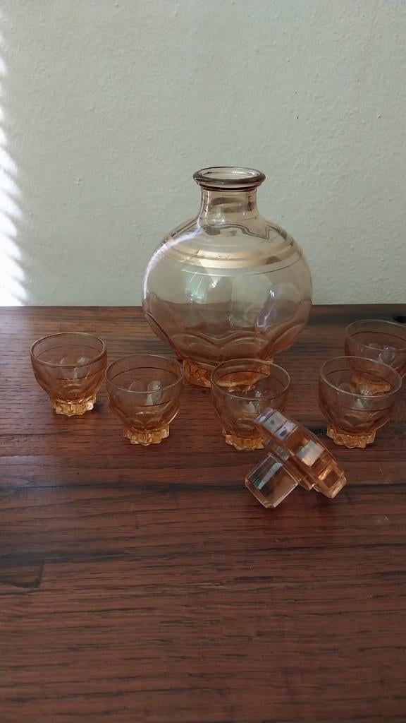 Glazen karaf met 5 borrelglaasjes, Antiek en Kunst, Ophalen of Verzenden