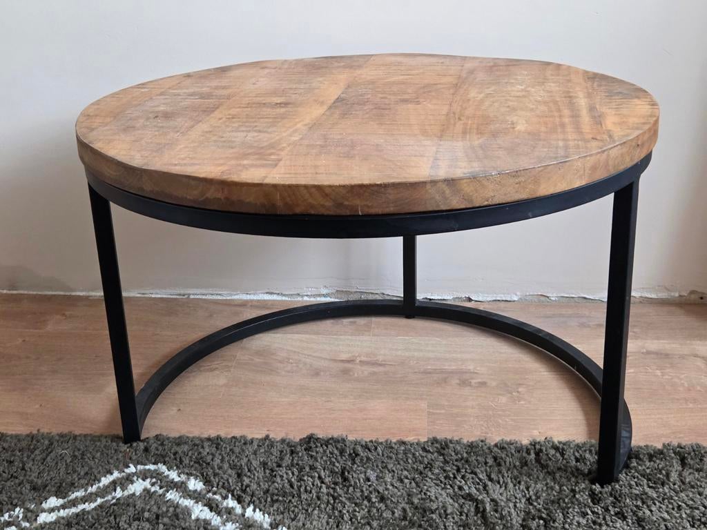 Ronde salontafel met houten blad en metalen onderstel, Huis en Inrichting, Tafels | Salontafels, Ophalen