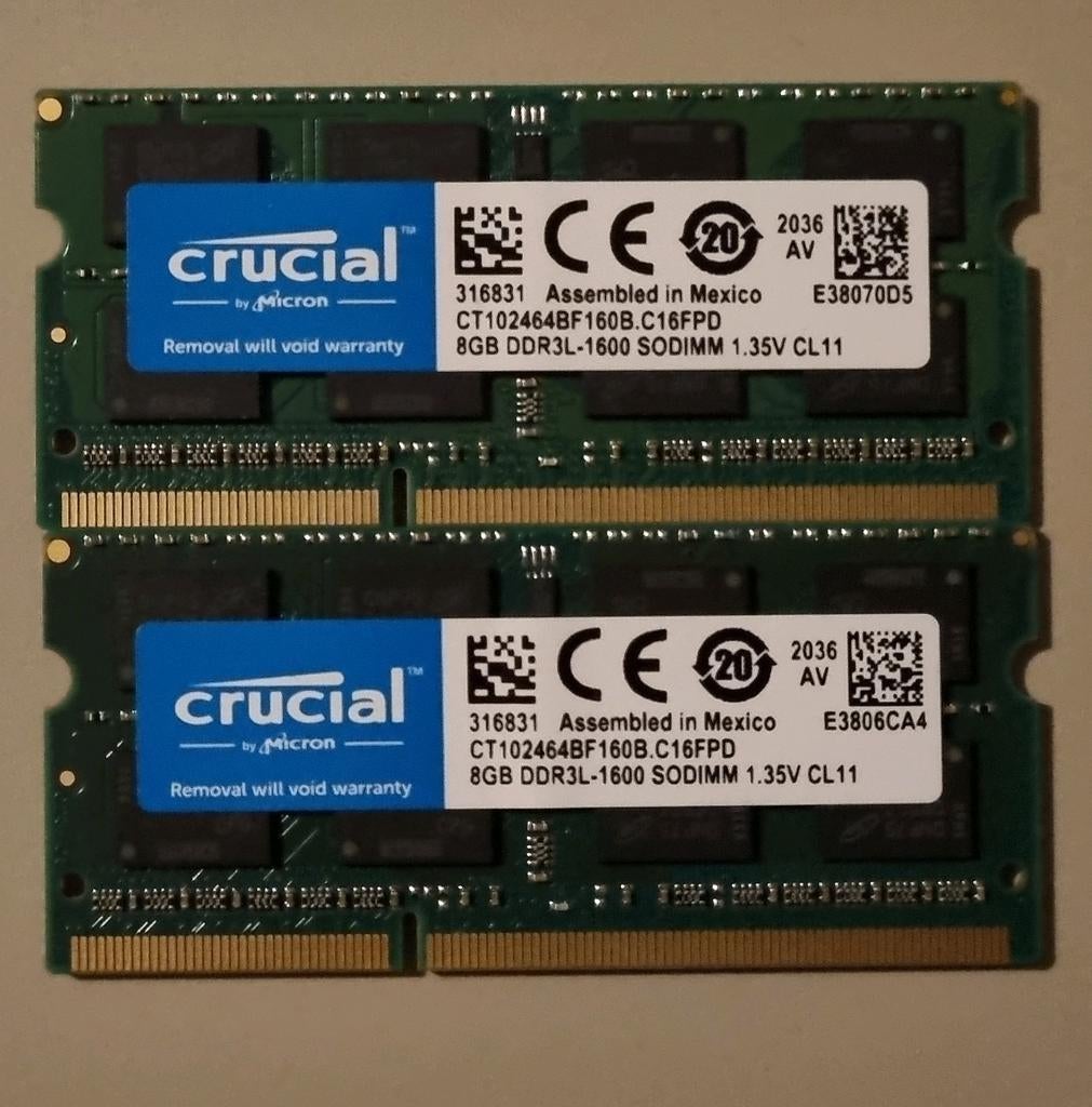 Crucial 16GB (2x8GB) DDR3L-1600 SODIMM Laptop RAM, Computers en Software, RAM geheugen, Gebruikt, DDR3, Ophalen of Verzenden, Laptop
