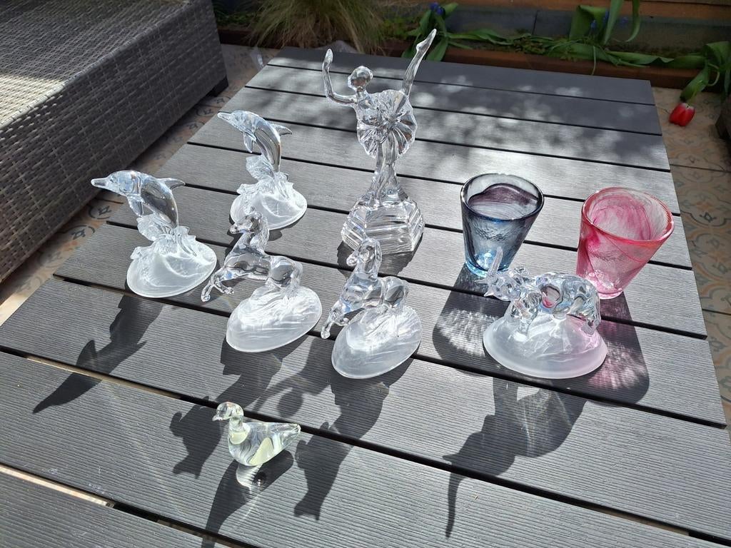 Glazen beeldjes: dolfijn, paard, olifant, danseres, Antiek en Kunst, Antiek | Glas en Kristal, Ophalen of Verzenden