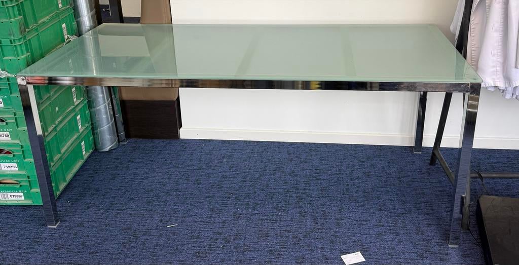 Glazen eettafel met metalen onderstel IKEA Torsby 12003, Ophalen, Gebruikt, 50 tot 100 cm, Glas