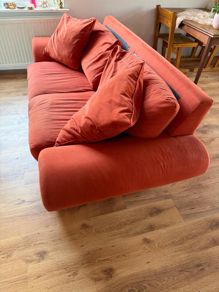 Comfortabele oranje bank - zit heerlijk!, Ophalen, Gebruikt, Driepersoons, 75 tot 100 cm